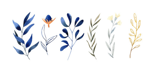 Fototapeta premium Hand painted watercolor illustration - classic blue and gold leaves