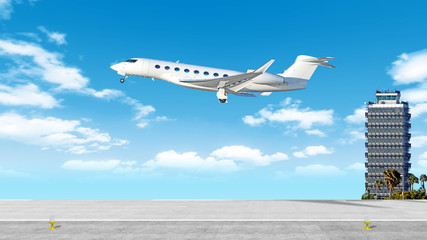 modern airplane business jet aircraft for private travel taking off from airport runway on blue sky...