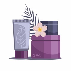 Spa composition with bottles of cosmetics on white background. Tropical spa resort