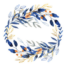 Wreath - hand painted watercolor illustration in deep blue and gold shades