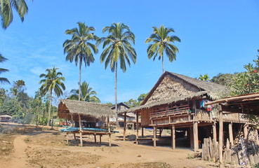 The life of villagers in the countryside. House from bamboo and wooden. 