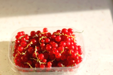 Bowl of red currants on a kitchen counter. Selective focus.