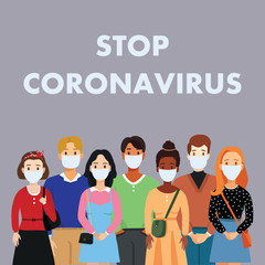 Vector flat illustration people of different nationalities. Set of man and woman in medical masks. Stop coronavirus. Covid-19. Save your health and stop the spread of the epidemic. Virus corona text.