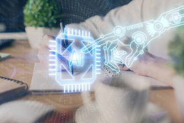 Double exposure of woman's hands on background with technology and digital coding icons. Data development concept. Close up.