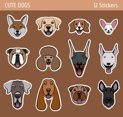 Vector set of muzzles of cute dogs with their tongues hanging out. A white outline is drawn, you can use each picture in the form of a sticker or print on any product.