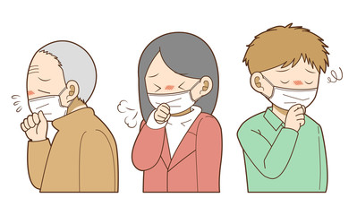 マスクを着けて咳をする人々