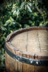 Old wooden barrel in garden and free space for your decoration. 