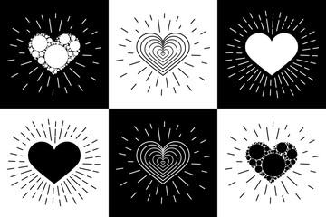 Creative design concept in the form of heart and rays for Valentine's day, mother's day, greeting cards for woman s day or love confession. Set. Love and healthy. Black and white.