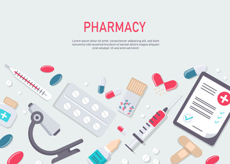 Medicine vector illustration. Pharmacy background, pharmacy desing, pharmacy templates. Medicine, pharmacy, hospital set of drugs with labels. Medication, pharmaceutics concept. Different medical