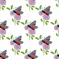 Six spot burnet butterfly seamless vector pattern background. Illustration of day flying moth with bouquet of scabious flower. Scottish insect backdrop. All over print for Scotland wildlife concept