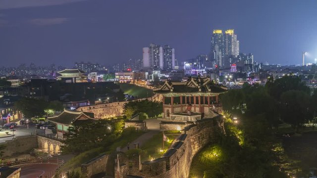 Night time lapse of Dongbukgakru, Suwon Hwaseong Fortress in sumer, Gyeonggi-do South Korea. 