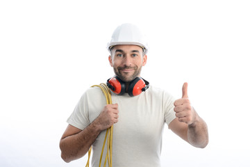 handsome young caucasian man construction worker electrician isolated on a white background