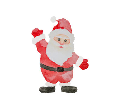 Watercolor painting illustration of Santa claus isolated on white with clipping path, wearing red clothes, black shoes and bell, waving hand, for Merry Christmas postcard and new year celebration card