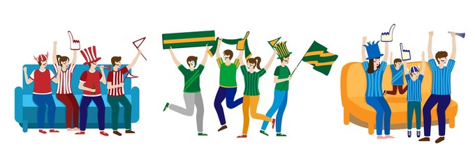 Football fanatic crowd having sport festivity on hand drawn vector illustration isolated on white. Fans rejoice with flags, horn, scarf. Soccer happy cheerleader group with people scream cheer, noise