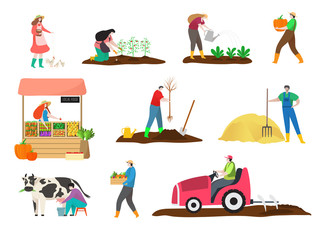 People in work clothes working on farm in hand drawn vector illustration isolated on white. Farmers water plants, milk cow, feed birds, collect fresh useful vegetables, plow with tractor grow tree