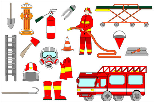 Professional firefighter in uniform in helmet, extinguisher, hydrant, car and stairs fireman vector illustration isolated on white. Man with gloves, boots, shovel and stretcher bed on wheels