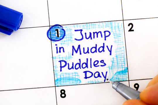 Woman fingers with pen writing reminder Jump in Muddy Puddles Day in calendar.
