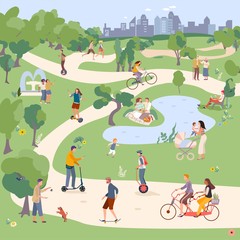 City Park vector illustration, people in city parkland ride bike, monocycle, Segway, skateboard and scooter. Family have picnic. Man playing with pet. Man and woman jogging outdoor. Female holds child