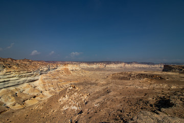 Top view of Canyon Wadi Ash Shuwaymiyyah along the coastal road to Salalah in Oman
