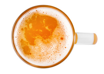 Beer jug with foam isolated on white background. Top view.