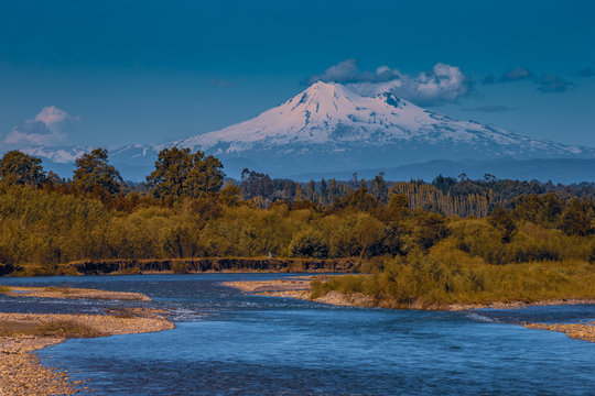 volcano osorno viewpoints blue water cabulco villarica chile volcan thaw river snow on top chile puerto varas puerto mont pucon villarica osorno blue water blue sky sunset
