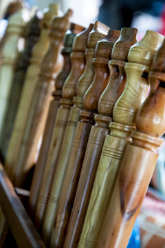 Flutes or dulzainas carved by hand in different types of wood. Lion. Spain.