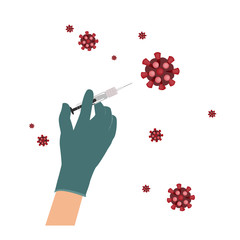 Vaccine against coronavirus infection in the hands of a doctor, vector illustration. COVID-19. A staff member draws fluid into a syringe to inject the patient