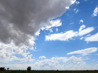 Endless blue sky with clouds over the field.