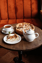 Creamy apple pie in cafe.