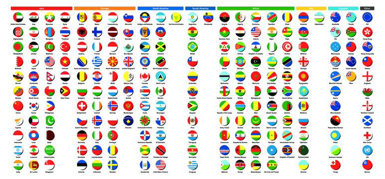 Vettoriale Stock 世界の国旗 ボタン National Flag Button アジア39ヶ国 ヨーロッパ41ヶ国 北 アメリカ23ヶ国 南アメリカ12ヶ国 アフリカ54ヶ国 Nis12ヶ国 オセアニア16ヶ国 その他11 合計8種類 Adobe Stock