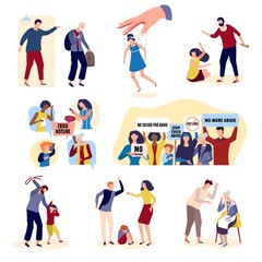 Collection of violence with people on character conflict hand drawn vector illustration isolated on white. Conflicts in family between parents and children, violence husband and wife, crisis hotline.
