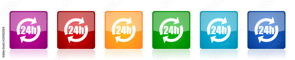 Poster 24h icon set, colorful square glossy vector illustrations in 6 options for web design and mobile app