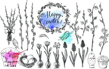 Hand drawn ink easter set with willow wreath, branches, crocus, hyacinth, egg, nest, cake and watercolor splash. - obrazy, fototapety, plakaty
