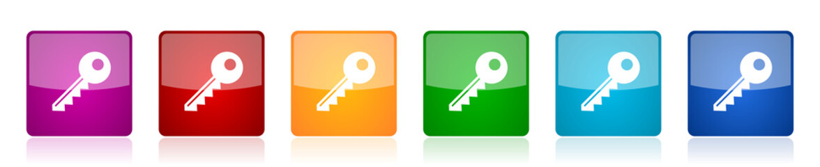 Key icon set, colorful square glossy vector illustrations in 6 options for web design and mobile applications