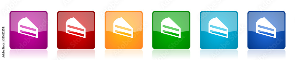 Aufkleber Cake icon set, colorful square glossy vector illustrations in 6 options for web design and mobile applications