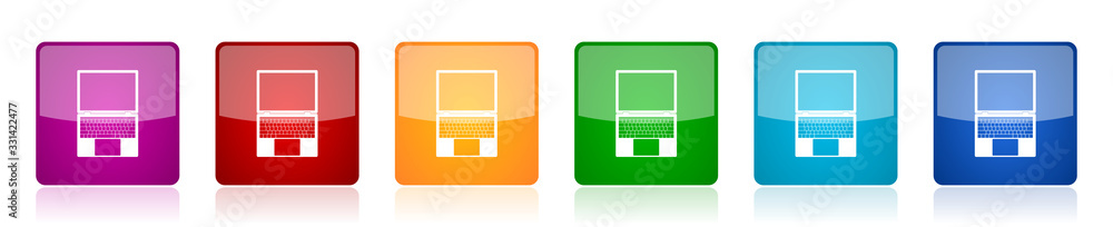 Aufkleber Open notebook icon set, laptop, mobile computer colorful square glossy vector illustrations in 6 options for web design and mobile applications