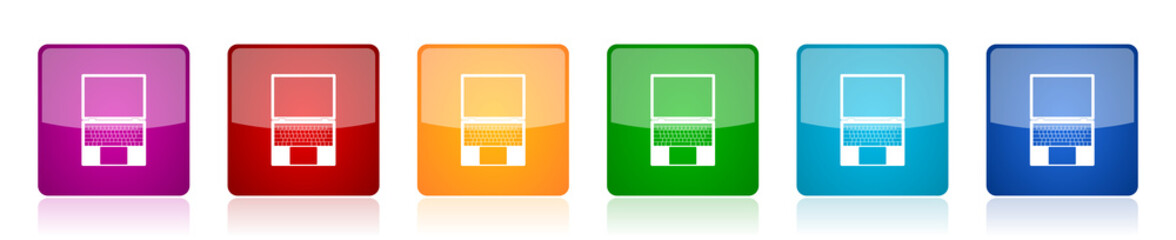 Open notebook icon set, laptop, mobile computer colorful square glossy vector illustrations in 6 options for web design and mobile applications