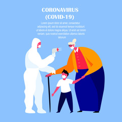 Coronavirus in China.Novel COVID 2019-nCoV,Old Pensioner Woman,Child in Medical Face Mask do Analysis on Quarantine.Man in Protective Suit with Test Safety Facility, Equipment.Flat Vector illustration