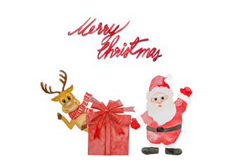 Watercolor painting illustration of Santa claus wearing red clothes, brown smiling deer and Merry Christmas letters, greeting postcard and new year celebration card, isolated on white, clipping path
