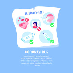Coronavirus Epidemic Warning Poster.Novel COVID 2019-nCoV,Prevention Measures Advice on Quarantine.Medical Face Mask, Antiseptic,Disinfecting,Washing Hands,Crowd Avoid.Flat Vector Illustration Placard