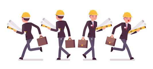 Architect man, professional creating design for buildings running. Male worker with heap of blueprint whatman scrolls in hurry at work, project control deadline. Vector flat style cartoon illustration