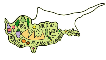 Colored Hand drawn doodle Cyprus map. city names lettering and cartoon landmarks,