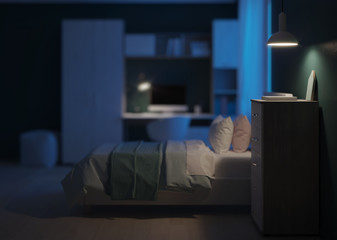 Cozy stylish bedroom designed for a teenager. Night. Evening lighting. 3D rendering.