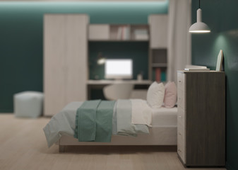 Cozy stylish bedroom designed for a teenager. Night. Evening lighting. 3D rendering.