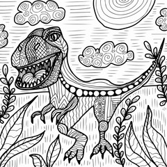 Coloring book with tyronasaur. Antistress page for adults and children. Dinosaur in the jungle. Stock illustratio