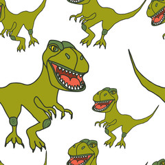 Tironasaurus green seamless pattern on isolated white background. Children's abstract print. Stock vector illustration