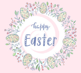 Happy easter. Background with wreath of painted eggs and plants