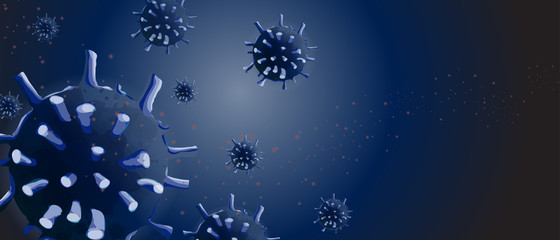 Fototapeta na wymiar Virus drawing. Abstract vector on dark blue background. Allergy, bacteria, medical healthcare, microbiology, disease concept. Design for background, banner.