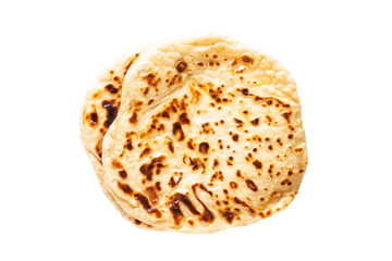 Asian food concept homemade Naan flat bread in flat basket isolated on white background with clipping path