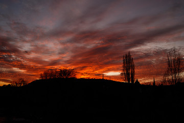 Colorful sunset. Orange sky in Prague. 
